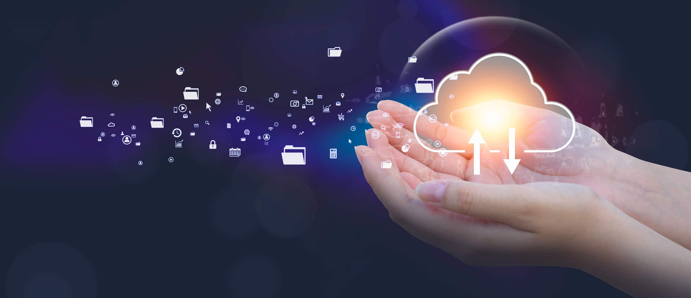 Icons depicting data being migrated to the cloud held in a ladies hands.