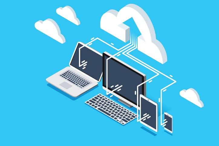 Pc software for upload user data to cloud remote storage. Isometric decorative composition for web site banner. Vector design.