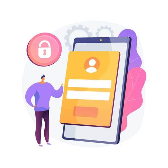 A man is standing next to a padlocked phone in a client portal.