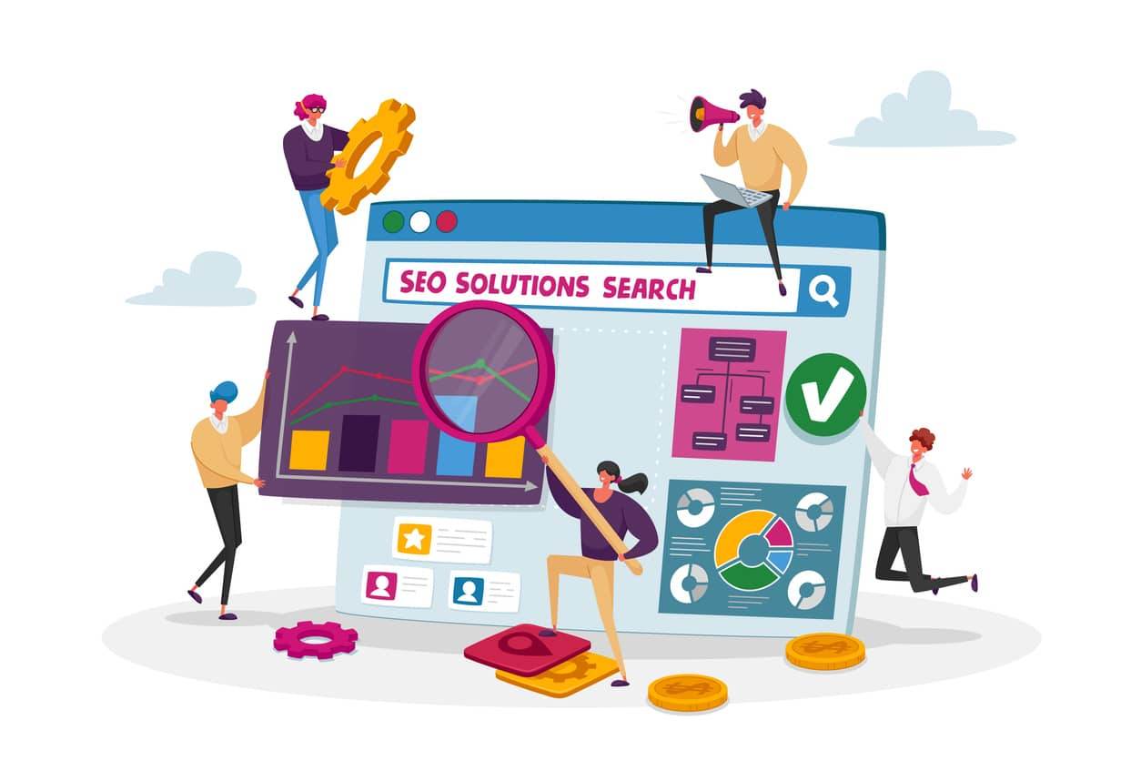 A group of people looking at a computer screen with the words seo solutions search.