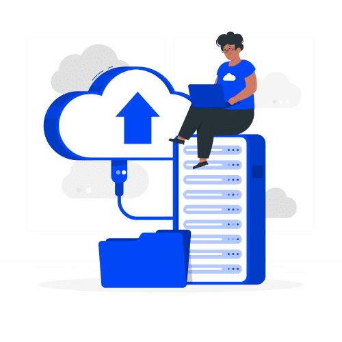 A person sitting on a server rack icon uploading data to the cloud.