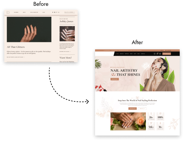 Four website design layouts featuring beauty and nail art themes.