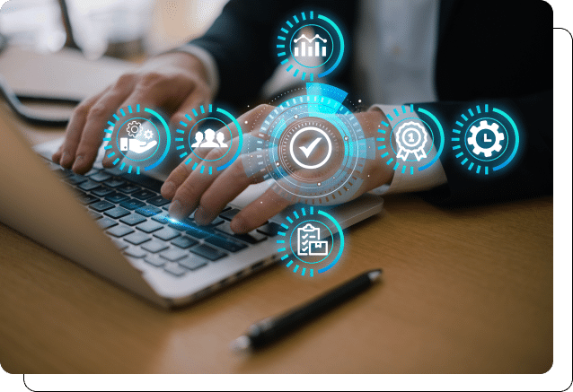 A person working on a laptop with digital icons representing data management and analytics overlaying the image.
