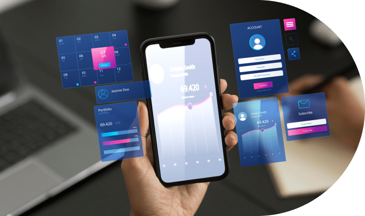 A person holding a smartphone displaying a user interface concept with various design elements floating above the screen.