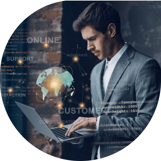 A businessman using a laptop with digital graphics of customer support and global communication surrounding him.