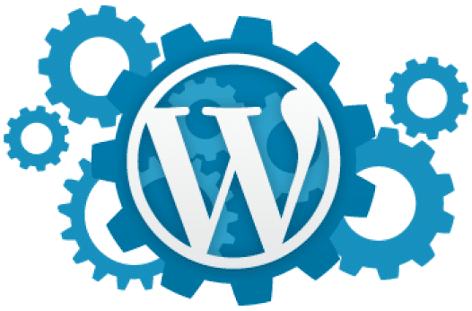 Wordpress logo with multiple blue gears in the background.