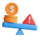 Image of a scale balancing a coin and a caution symbol, representing financial risk assessment.