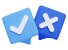 Two blue checkmark and cross icons, likely representing a choice between yes and no or correct and incorrect.