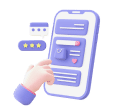 A hand interacting with a stylized mobile phone interface featuring chat, "About Us," rating stars, and heart icons.