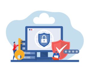 Illustration of computer security with a monitor displaying a lock, a person holding a key, a shield with a check mark, and a person using a laptop.