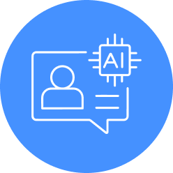 Blue circle with a white outline of a chat bubble showing a user icon, lines for text, and a microchip labeled "AI" in the top right corner.