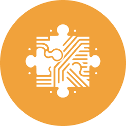 White jigsaw puzzle piece with circuit board patterns on an orange circular background.