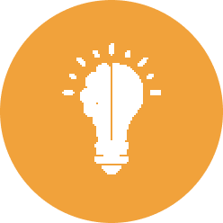 White silhouette of a light bulb with a human profile inside, set against an orange circular background.