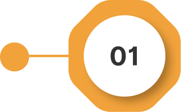 Orange geometric graphic with a small circle connected to a larger octagon containing a white circle with the number "01" in bold black text.