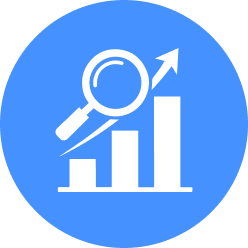 A blue circle with a white bar graph, upward arrow, and magnifying glass symbolizing growth analysis or data analytics.