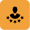 Black silhouette of a person with five black stars below on an orange square background, symbolizing rating or high-quality service.