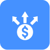 White dollar sign inside a circle with three arrows pointing in different directions on a blue square background.
