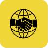 Black handshake icon over a globe on a yellow background, symbolizing global partnership or international cooperation.