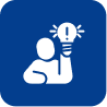 White icon of a person holding up a lit lightbulb with an exclamation mark inside, on a blue square background.