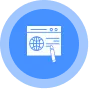 Icon of a hand clicking on a web browser window with a globe symbol, set against a blue circular background.