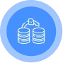 White outline of two stacked databases with an arrow and gear connecting them, on a blue circular background.