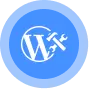 White WordPress logo with a wrench and screwdriver crossed over it, centered on a solid blue circular background.