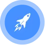 White rocket icon with flames is centered on a solid blue circular background.