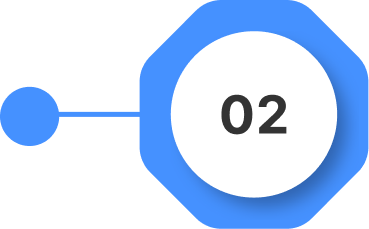 A blue octagonal shape connects to a blue circle, both attached to a white circle displaying the number "02" in black.