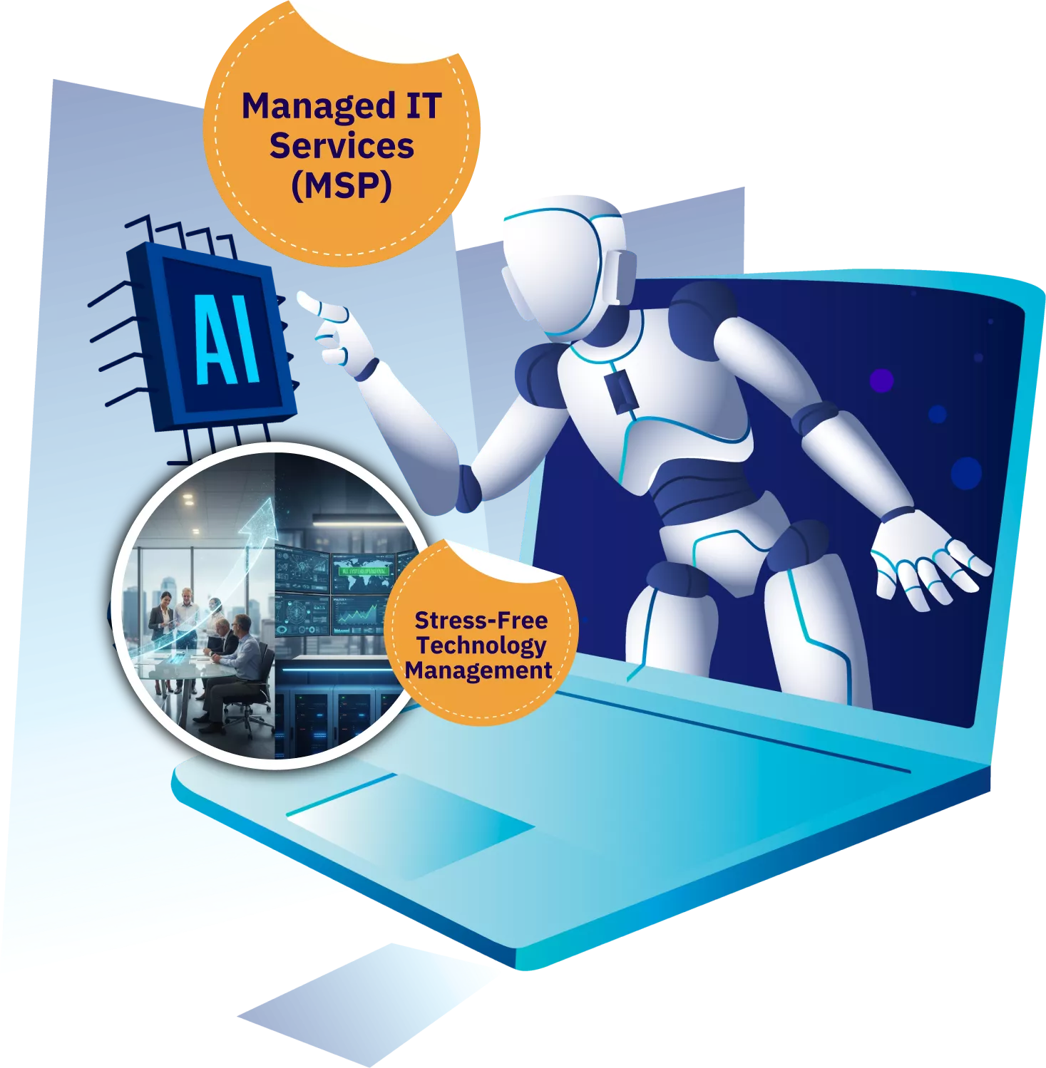 A robot points to icons labeled "Managed IT Services (MSP)" and "Stress-Free Technology Management," with an AI chip, a meeting room photo, and EDG.tech services like cybersecurity services emerging from a laptop screen.
