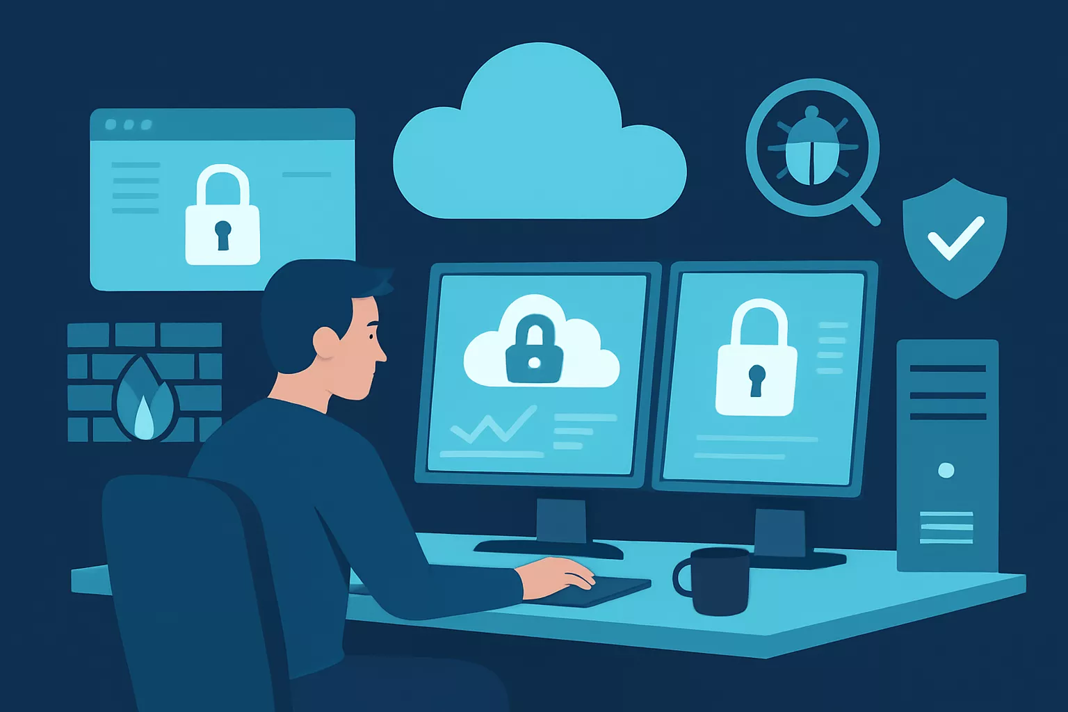 Person working at a desk with two monitors displaying security lock icons, surrounded by cybersecurity symbols like a cloud, shield, firewall, and bug—representing robust EDG.tech services and expert cybersecurity services.
