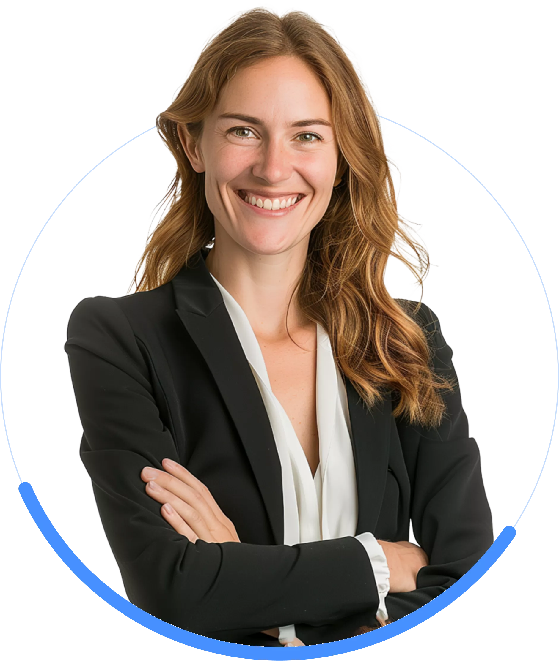 A woman with long brown hair wearing a black blazer and white blouse smiles with arms crossed against a white background.
