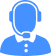 Blue icon of a person wearing a headset and bow tie, representing customer support or call center assistance.