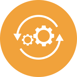 White gears and circular arrows icon on an orange background, symbolizing process, workflow, or automation.