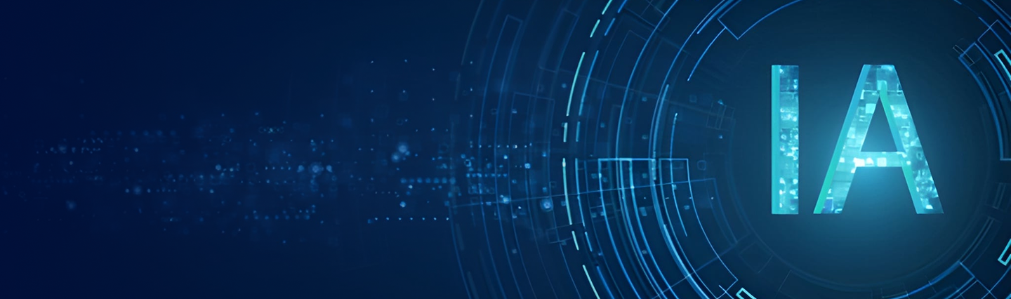 Digital blue background with circuit-like graphics and the glowing letters "IA" displayed prominently on the right side.