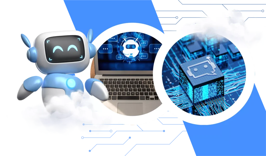 Illustration of a smiling robot, a laptop with a chatbot icon, and a computer chip with a chat symbol, representing artificial intelligence and technology.