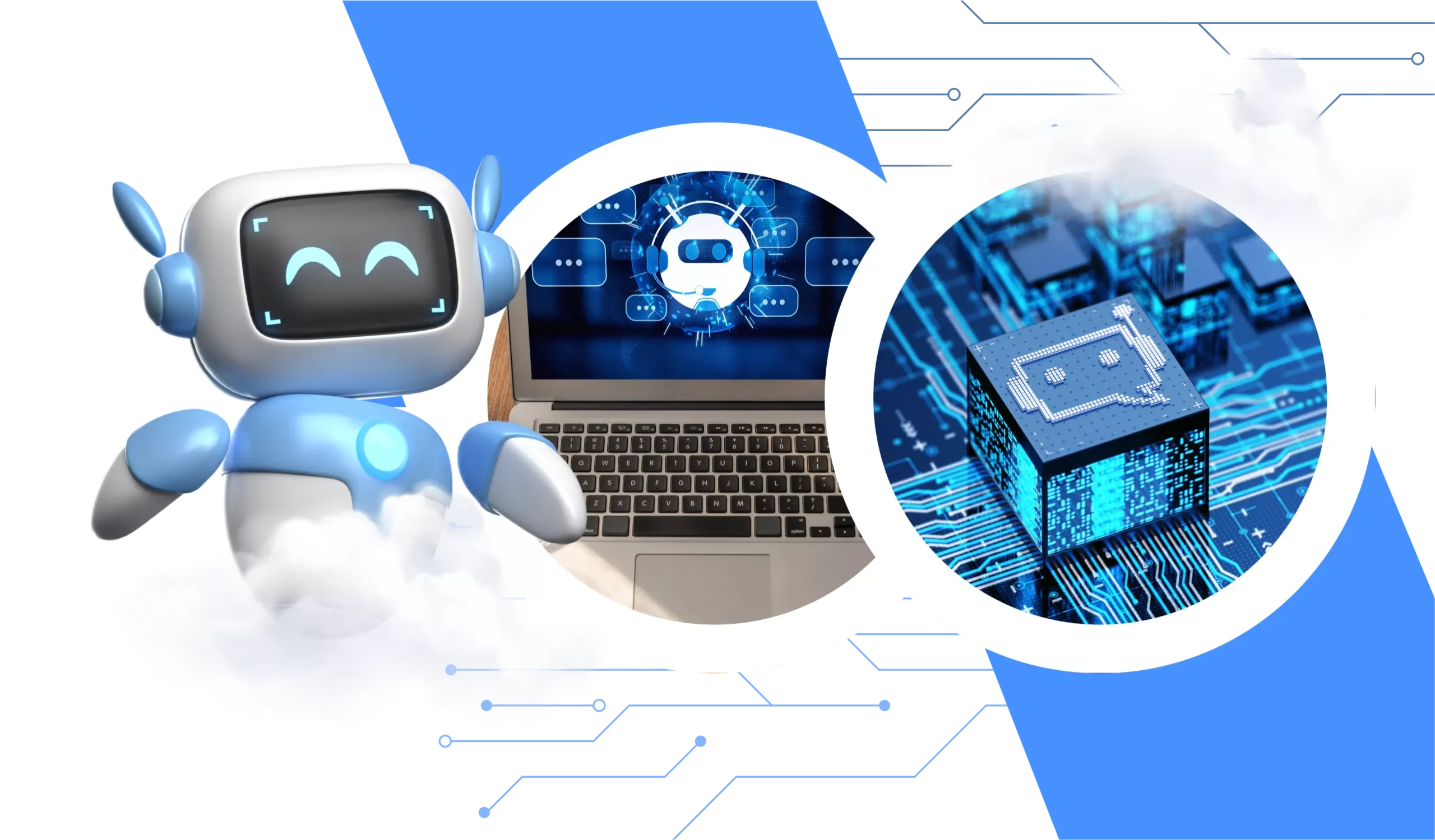 Illustration of a smiling robot, a laptop with a chatbot icon, and a computer chip with a chat symbol, representing artificial intelligence and technology.