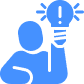Blue icon of a person holding up a lightbulb with an exclamation mark inside, symbolizing an idea or solution.