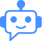 Blue robot face icon with a smiling expression inside a speech bubble, featuring an antenna on top and two round side shapes.