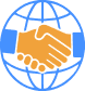 Two orange hands shaking in front of a blue globe outline, symbolizing global partnership or international cooperation.