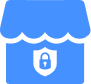 Blue icon of a storefront with a shield and padlock symbol on the front, representing secure or protected shop or business security.