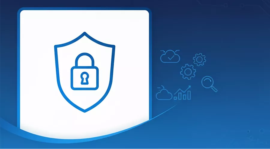 A blue shield icon with a padlock symbol in the center, representing security, appears on a white background with technology icons on a blue gradient backdrop.