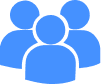 Blue icon of three simplified human figures grouped together, representing a group or community.