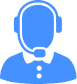Blue icon of a person wearing a headset with a microphone, bow tie, and buttoned shirt, representing customer service or technical support.