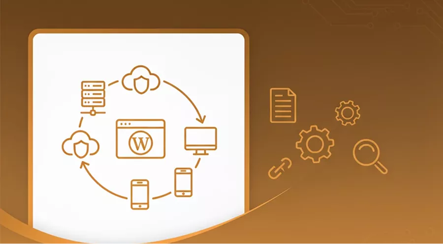 Diagram showing interconnected icons representing servers, cloud, devices, and a WordPress page, alongside gear, link, file, and magnifying glass symbols on a brown background.