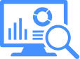 Blue icon of a computer monitor displaying charts and graphs, with a magnifying glass in front, representing data analysis or analytics.