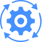 Blue gear icon surrounded by four circular arrows, symbolizing process, automation, or workflow.