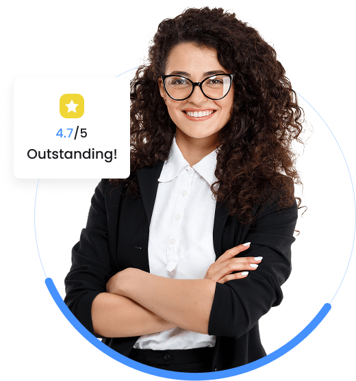 A woman with curly hair and glasses, dressed in business attire, stands smiling with arms crossed. A graphic beside her shows a 4.7/5 rating labeled "Outstanding!".