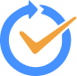 A blue circular arrow surrounds an orange check mark, forming a logo on a light gray background.