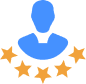 Blue silhouette of a person with five orange stars arranged in a semi-circle below, suggesting a rating or review concept.