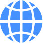 Blue globe icon with white grid lines representing longitude and latitude on a light background.